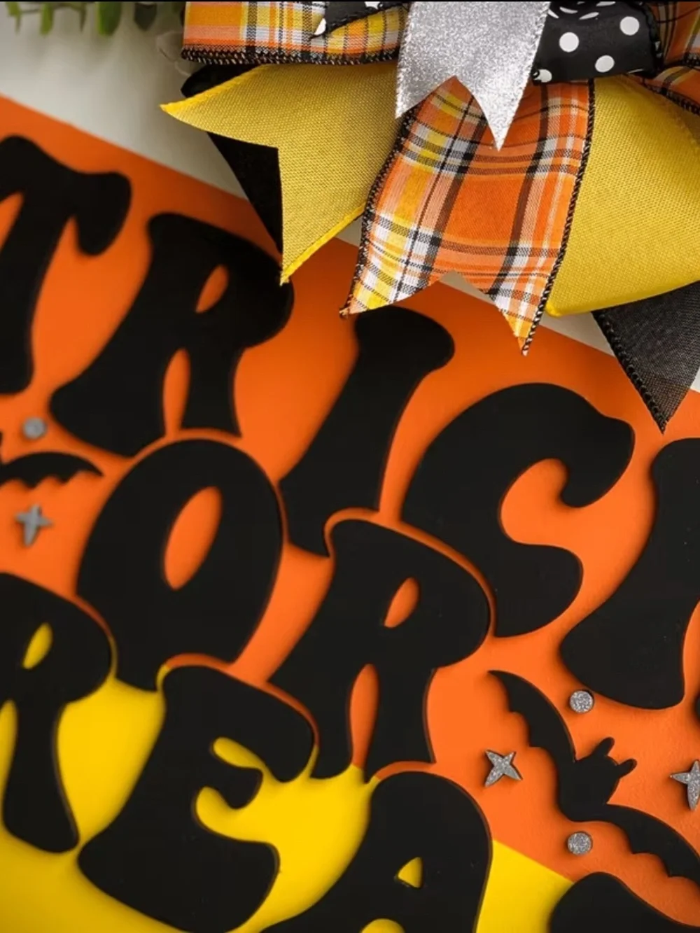Retro 70’s Style Trick or Treat Candy Corn Door Hanger - Orange, Yellow & Bows